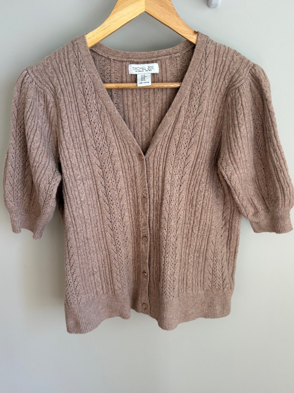 Rachel Zoe Taupe Cable Knit Short Sleeve Cardigan Cozy Sweater Cottagecore M